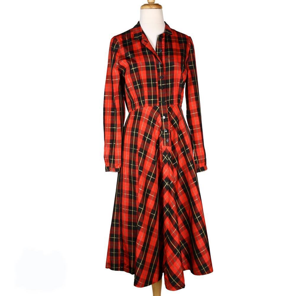 Vintage Red Plaid Shirt Dress Tartan Fit & Flare Long Sleeve B36 W28 - Hey Viv - Picture 8 of 9